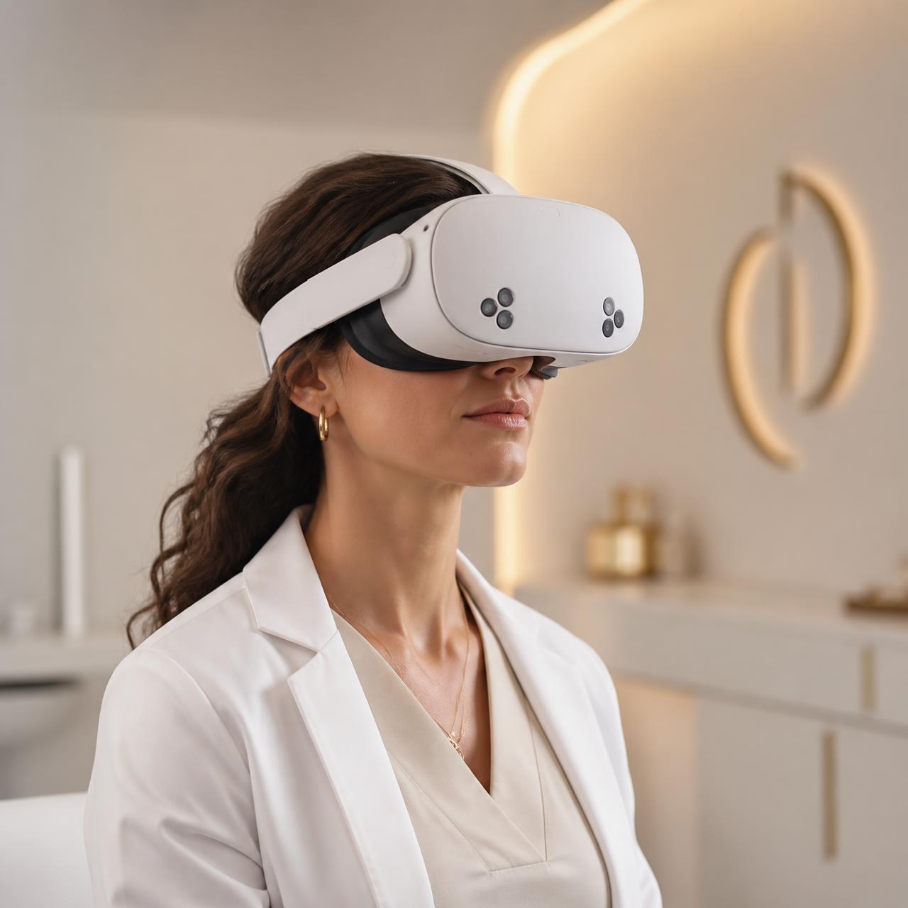 Mulher utilizando óculos Meta Quest 3S em ambiente clínico